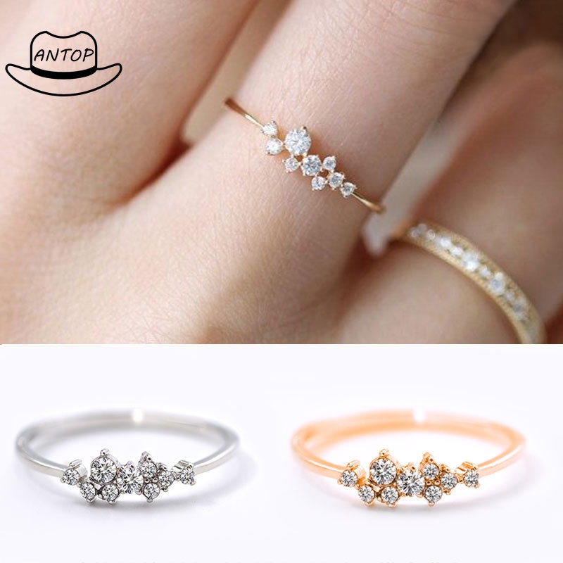 Cincin Simple Sterling Silver 925 Hias Kristal Zircon 3 Lapis Emas 18K Untuk Wanita Antop