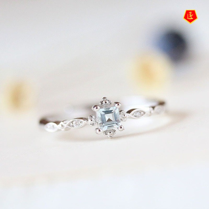 [Ready Stock]Simple Fresh Elegant Ring with Diamonds Sea Blue Topaz