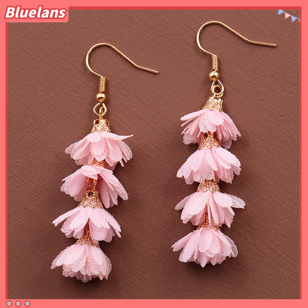 Bluelans 1 Pasang Anting Kait Gantung Wanita Desain Bunga Kain Alloy Rumbai Multi Layer Untuk Hadiah