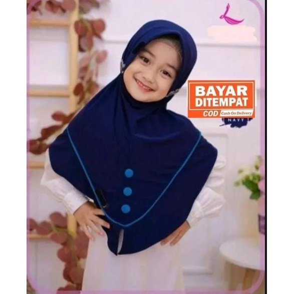 kerudung instan jersey bergo anak perempuan umur 3-8 tahun bahan jersey hyget jumbo motif list kancing tali serut ped antem terbaru