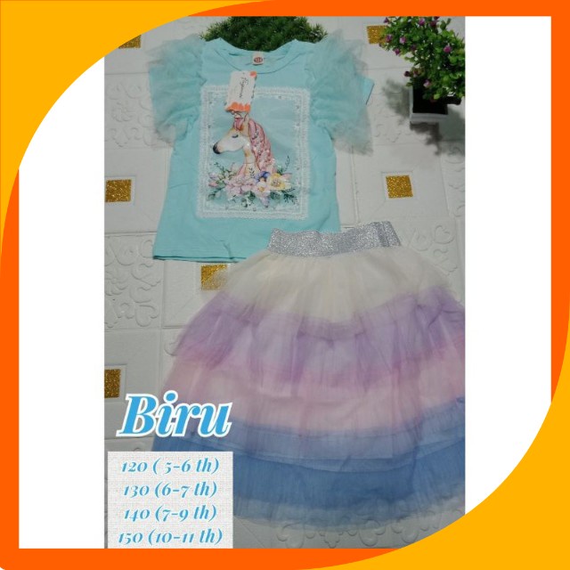 setelan rok tutu import premium 5-13 tahun unicorn / setelan rok tutu import unicorn rainbow