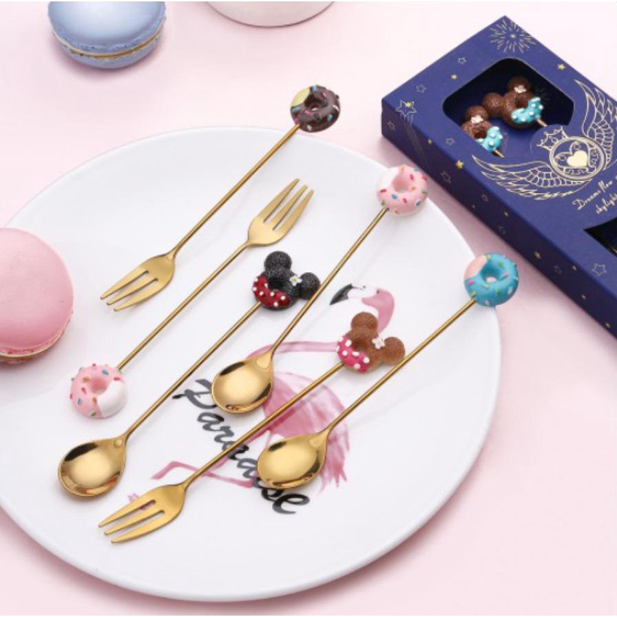 PREMIUM CAFE Sendok Garpu Lucu Dessert kecil karakter anak scoop spoon fork korea mini teh Gold teaspoon imut Buah cake Gold Stainless Kopi