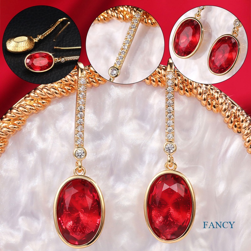 Anting Juntai Bentuk Oval Warna Merah Gaya Retro Vintage Untuk Wanita