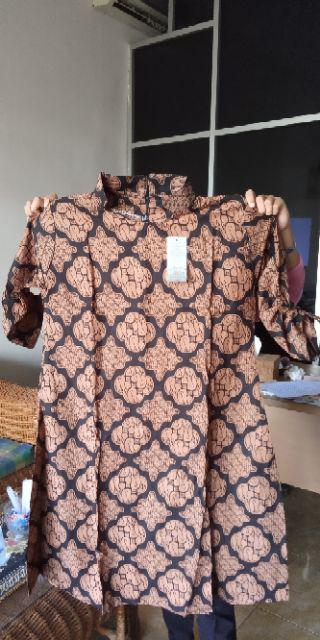 Tunic Serut Lawasan Coklat Batik Sogan Klasik Tunik Kerja Kantoran Modern Seragaman Kondangan