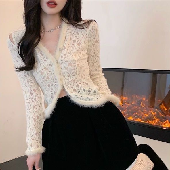 atasan renda import lace shirt women s winter warna solid lengan panjang pure want sexy furry hollow
