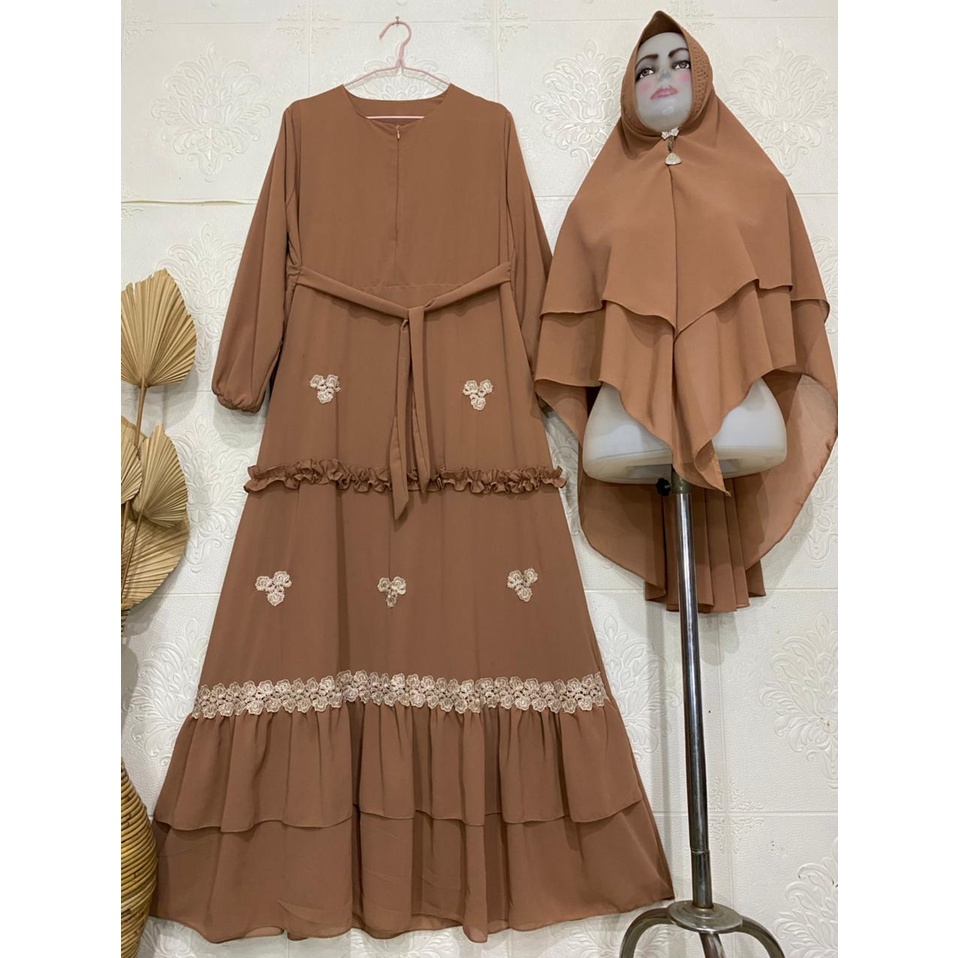 Gamis Syari Ceruty Renda / Gamis Terbaru Mix Renda Bunga Cantik / Gamis Ceruty Babydoll