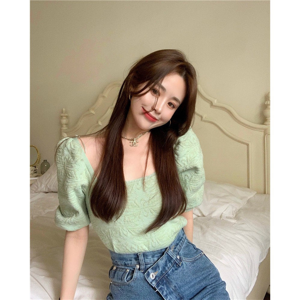 Suhao Perancis Bubble-Sleaved Shirt Wanita Musim Panas Square Desain Kaos Pendek Kecil Atasan Lengan Pendek Baru