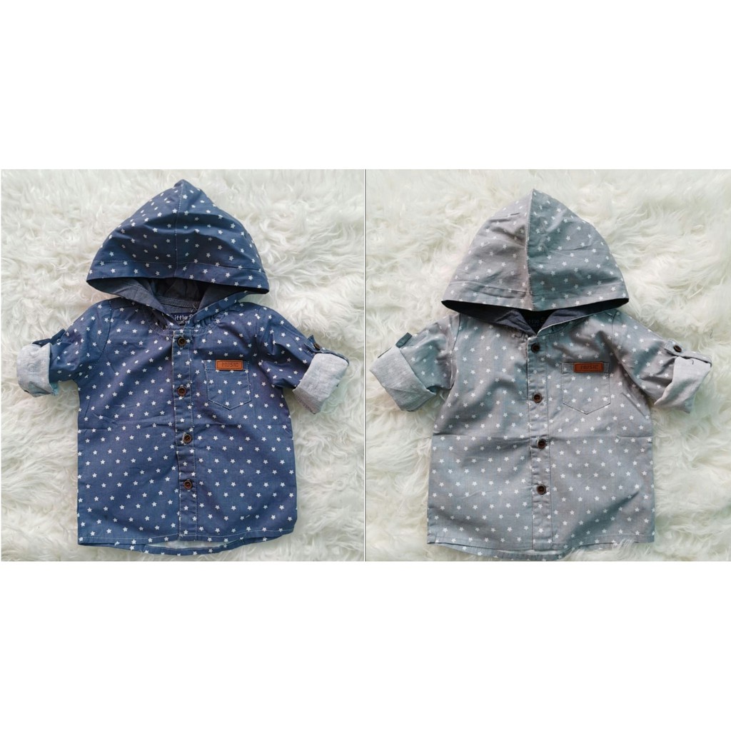 Kemeja Anak Bayi Laki Tangan Panjang Hoodie Star 2W/ Kemeja Anak Laki-Laki Import