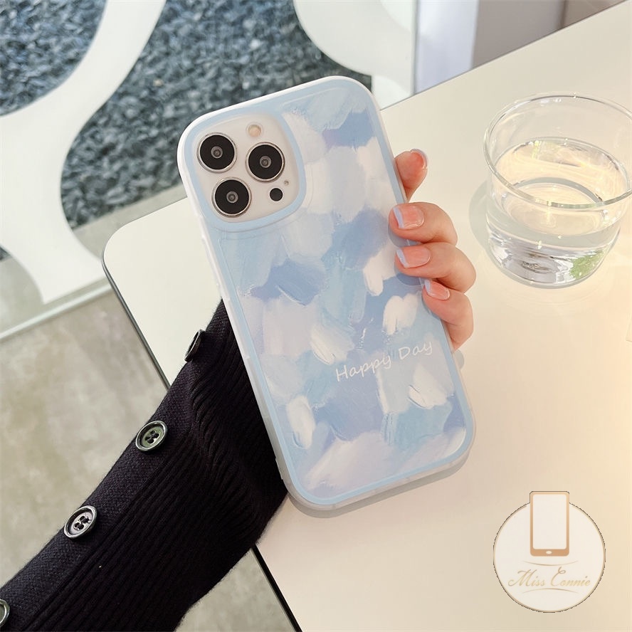 IPHONE Lukisan Tinta Sederhana Shockproof Case Kompatibel Untuk Iphone11 13 12 14 Pro MAX XR X XS MAX 8 7Plus 8Plus 6 6S Plus SE 2020biru Bulat Pelindung Lensa Anti Jatuh Lembut TPU Penutup Belakang