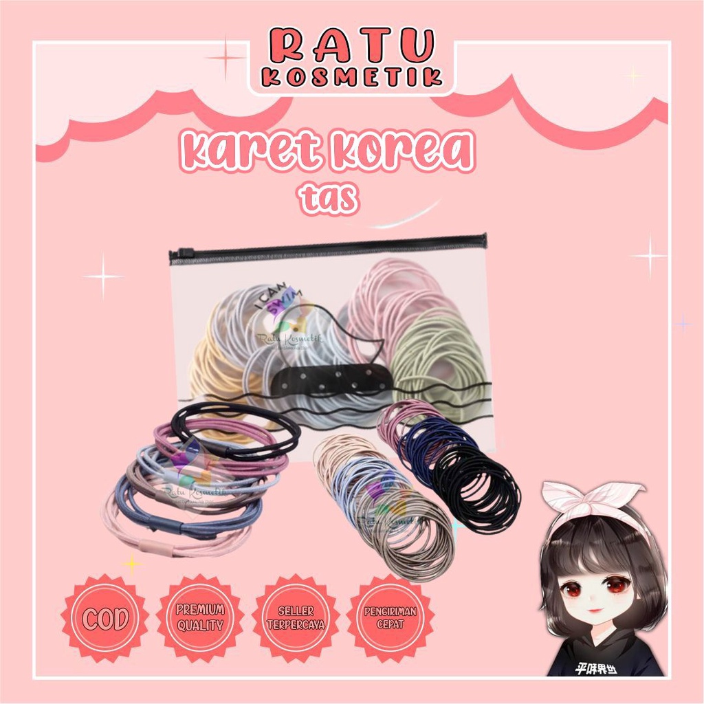 ❤ RATU ❤ Karet Ikat Rambut Wanita Korean Style | Kuncit Rambut Korea Tas | Kuncir Toples Rainbow Pastel