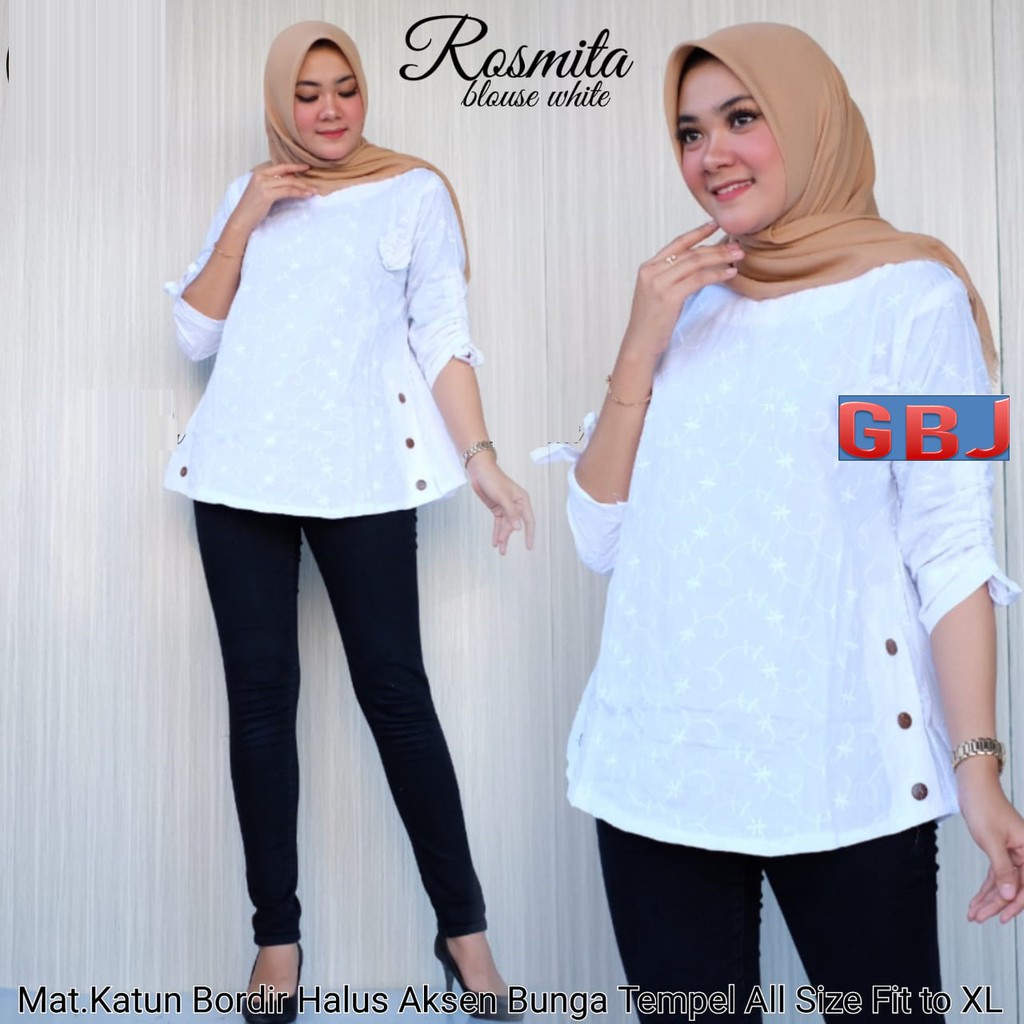 ROSMITA BLOUSE WHITE MAWAR KATUN BORDIR PUTIH GBM