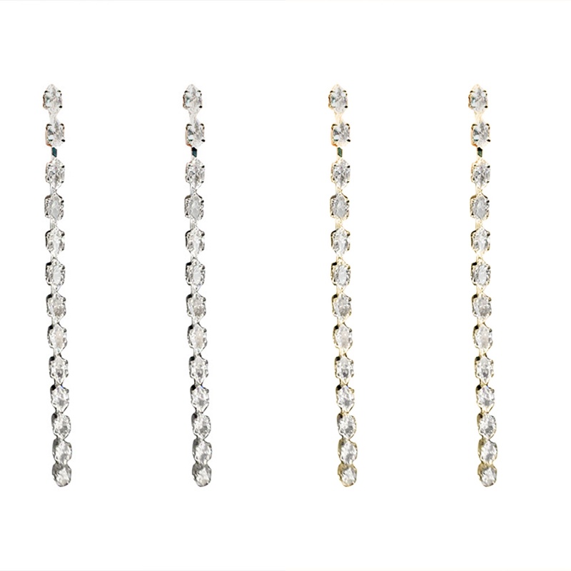 Anting Gantung Panjang Tusuk Motif Geometri Aksen Zircon + Kristal + Rumbai Untuk Perhiasan Wanita