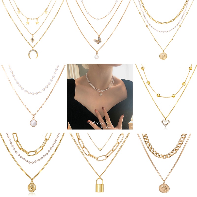 YEEZII Kalung Rantai Choker Liontin Kupu-Kupu Hati Mutiara Warna Emas Perak Untuk Wanita