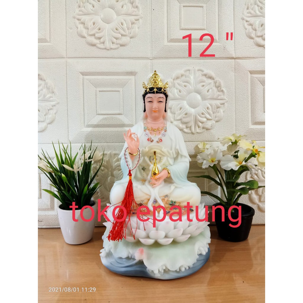 patung dewi kwan im / kwan in / guan yin - 12 inch - giok - teratai
