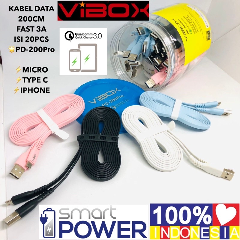 PROMO PERTOPLES ISI 20PCS KABEL DATA VIBOX 2 METER 3A MICRO/TYPE C/LIGHTING FAST CHARGING FC PROMO