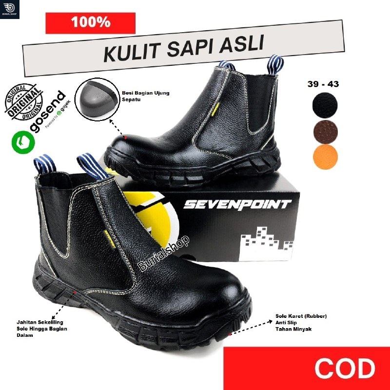 Sepatu Safety Boots Pria Kulit Asli Original Ujung Besi Baja Sefty Shoes Septy Septi Cowok Spatu Lapangan Proyek Industry Tanpa Tali BS