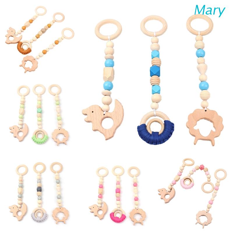 Mary 3pcs / Set Mainan Rattle + Teether + Ring Kayu Motif Kartun Hewan Domba / Dinosaurus Untuk Bayi / Stroller