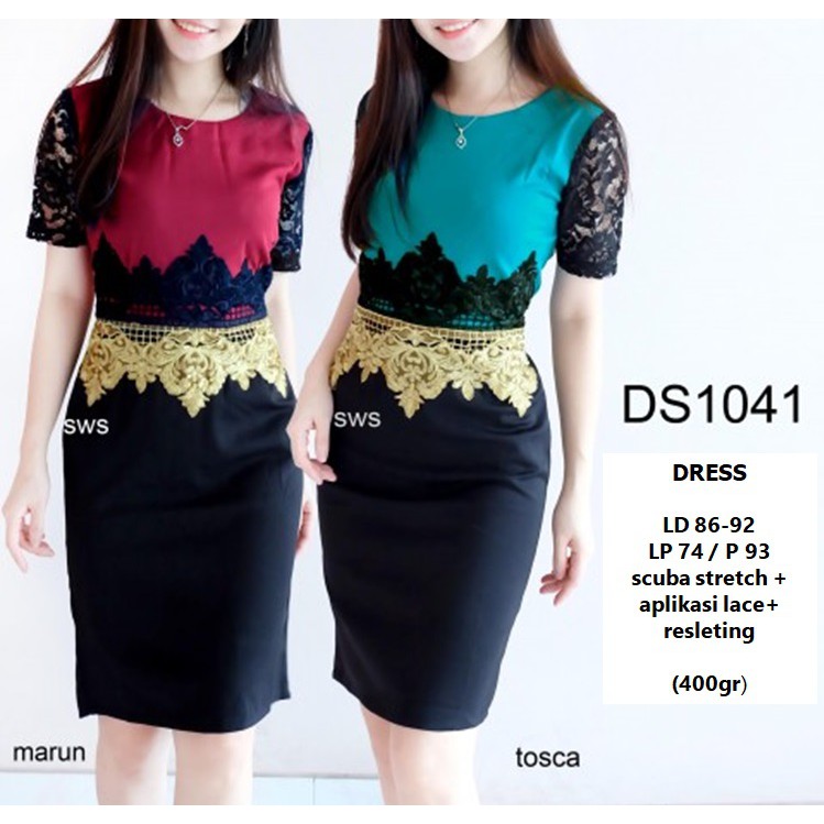 DS1041 - DRESS PESTA DRESS LACE MIDI DRESS SCUBA BRUKAT IMPORT NATAL