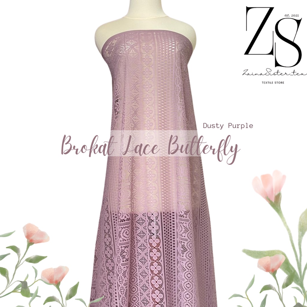 Bahan Kain Brokat Brukat Lace Salur Butterfly Warna Ungu Dusty Purple