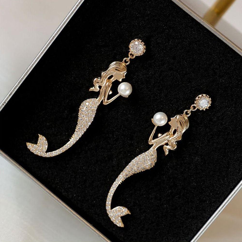 NEEDWAY Needway Mermaid Eardrop Mewah Kristal Mutiara Perjamuan Perhiasan Berlian Imitasi Gaya Korea Anting