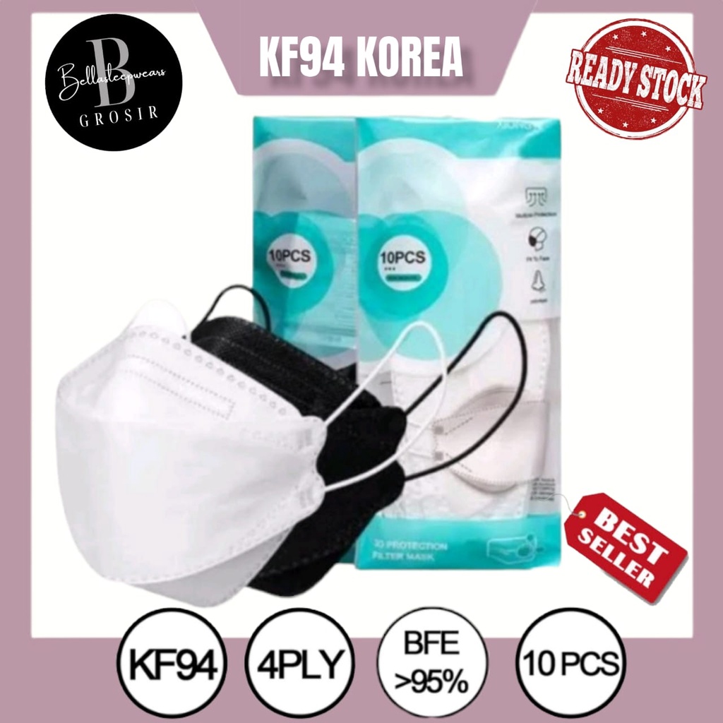 PROMO KF94 10 PC  - MASKER 4PLY DR ITC ONCARE FISH MASK KOREA HITAM PUTIH ABU