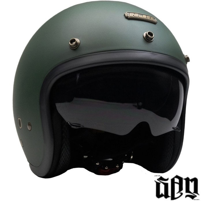 HELM HALF FACE NJS NX-2 HIJAU ARMY DOFF ORIGINAL INNER VISOR FREE PET RETRO