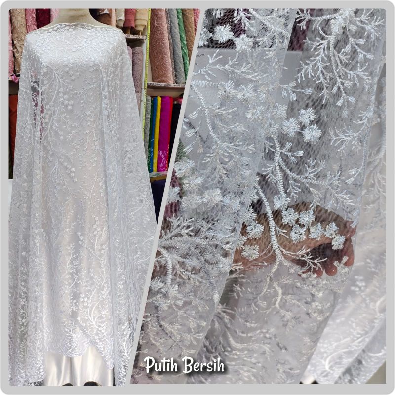 Kain Brokat Tile Bordir Tepi Daun Bahan Kebaya Brukat Tule Akar Mutiara Gliter Meteran High Quality