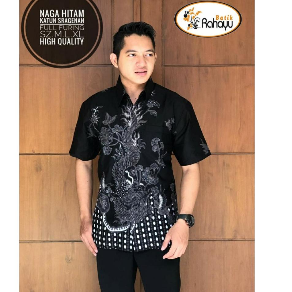(TREN TERBARU) Naga Hitam RAHAYU Kemeja batik pria motif naga abu hitam lengan pendek berfuring keme