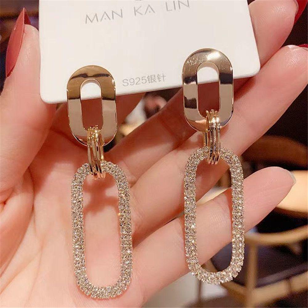 Solighter Anting Wanita Korea Emas Berlian Imitasi Stud Earrings