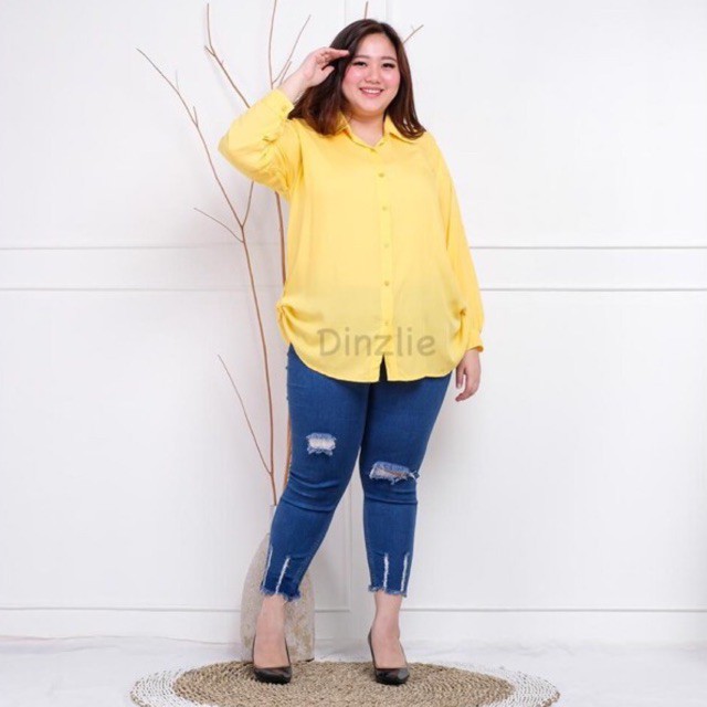 Kemeja Wanita Rayon Basic Polos Warna Kuning Soft