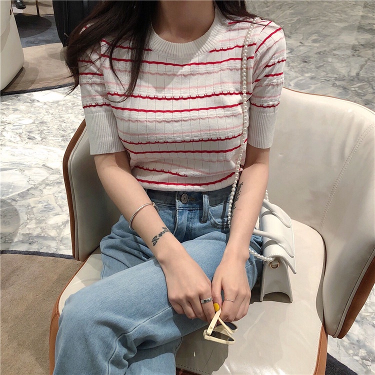 Korean style knit sweater T-shirt rajutan garis-garis pendek musim panas lengan pendek baju atasan wanita Panjang Bergaris