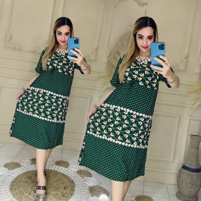 Daster Susun 2 Motif Kekinian Isyana Sarasvati Rayon Resleting Depan Busui Bunga Tulip ft Polkadot