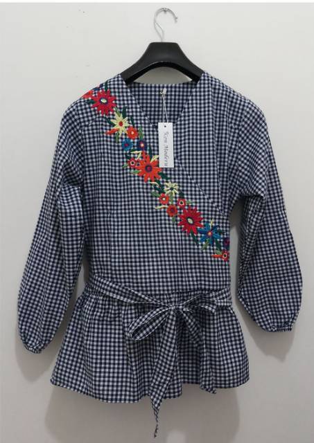 Blouse wanita Kimono bahan katun kotak / garis bordir dada ada tali pinggang Ken-326