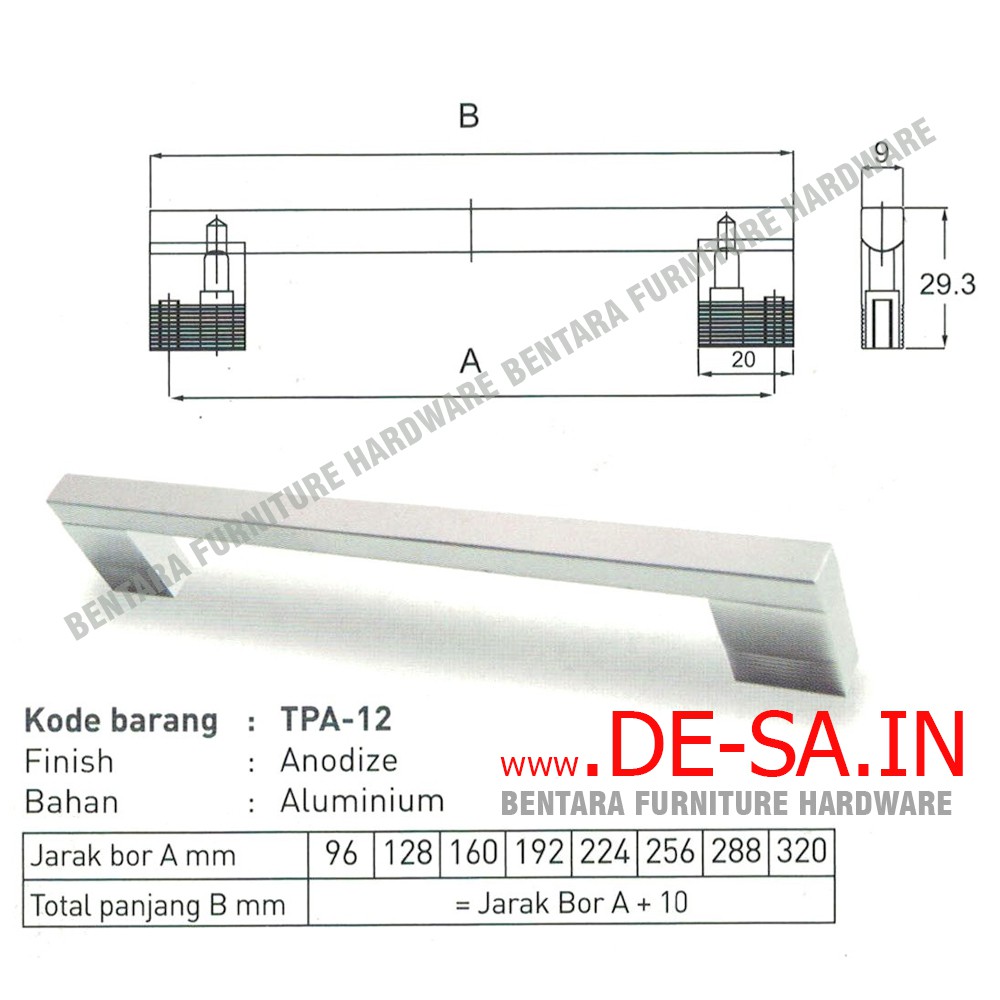 Huben TPA-12 224 MM TARIKAN LACI MEJA LEMARI KABINET GAGANG PINTU Handle Rata Aluminium Anodize (Sekitar 23 - 24 CM