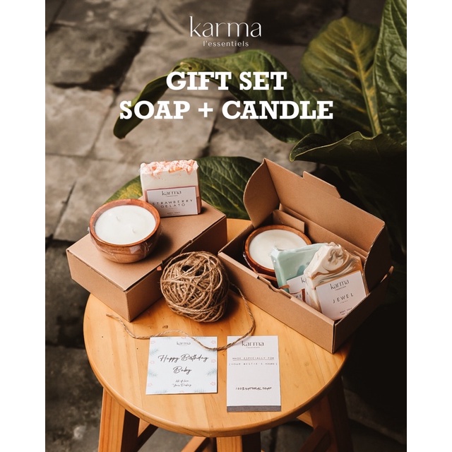 

KARMA Custom Gift / Kado / Hamper Set Isi Sabun dan Lilin - Natural Soap Bar - Scented Candle