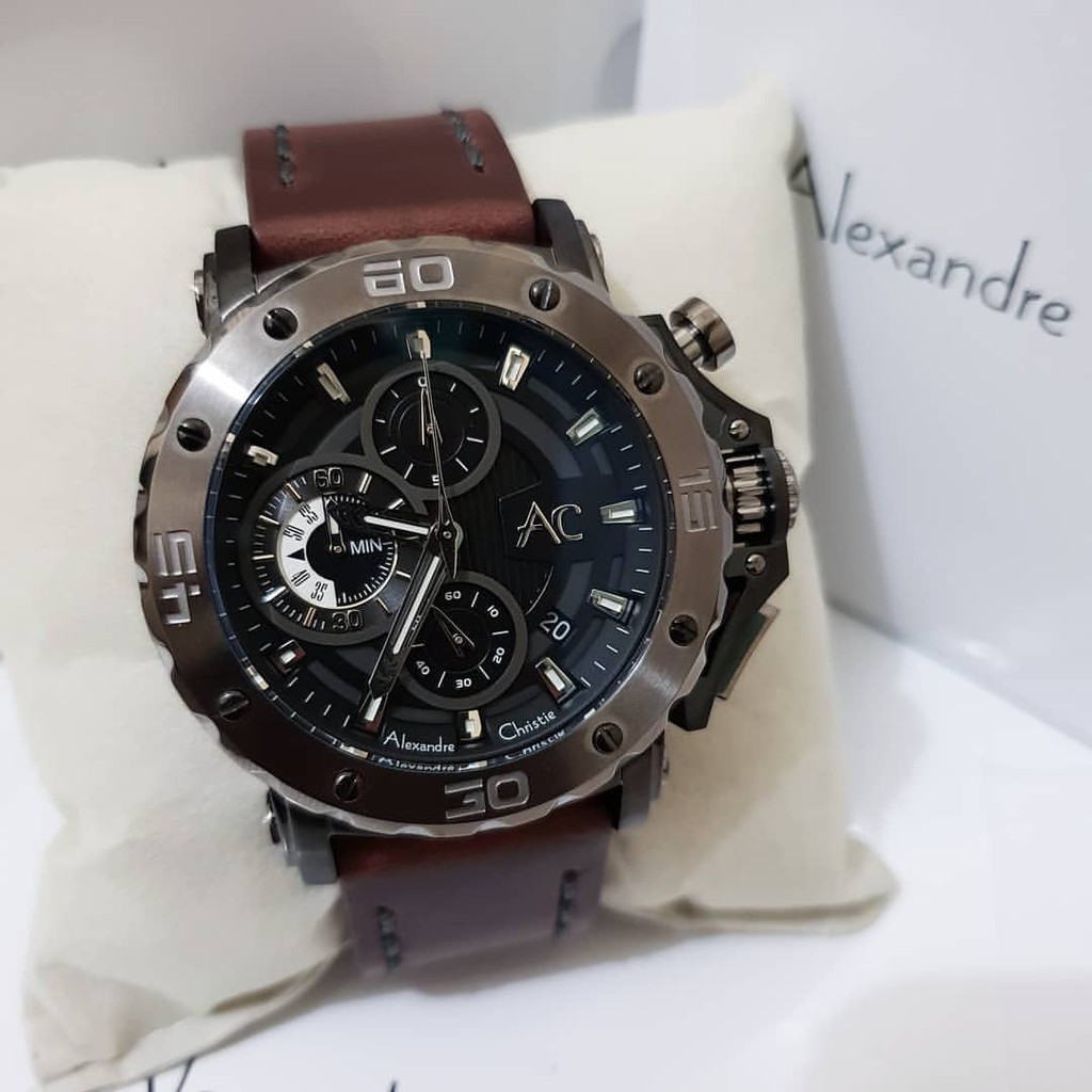 Alexandre Christie collection 100% Original Ac9205 Jam Tangan pria tali kulit coklat hitam