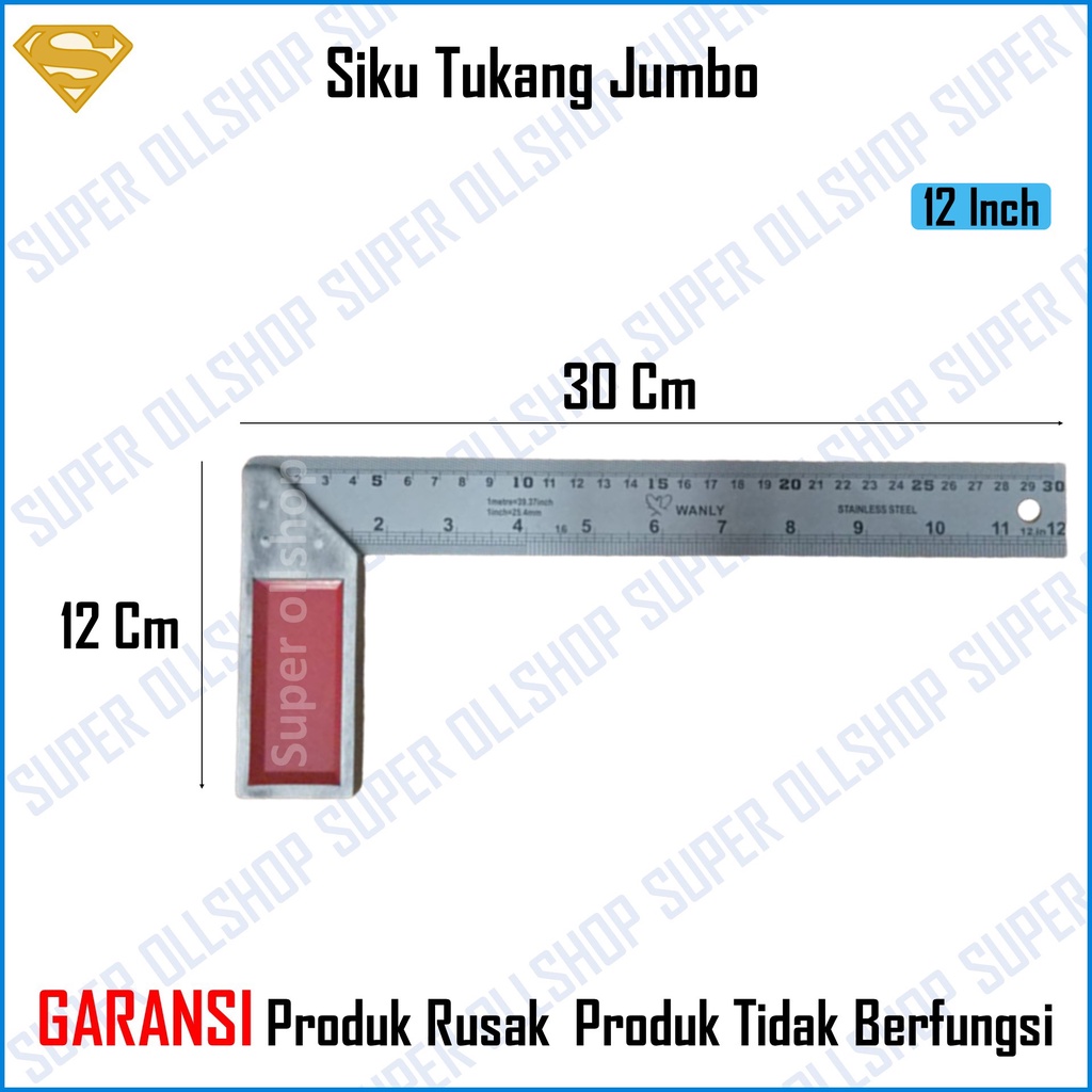 Siku Meter Penggaris Tukang Stainless Steel Jumbo 30 Cm 12 Inch RRT Tebal