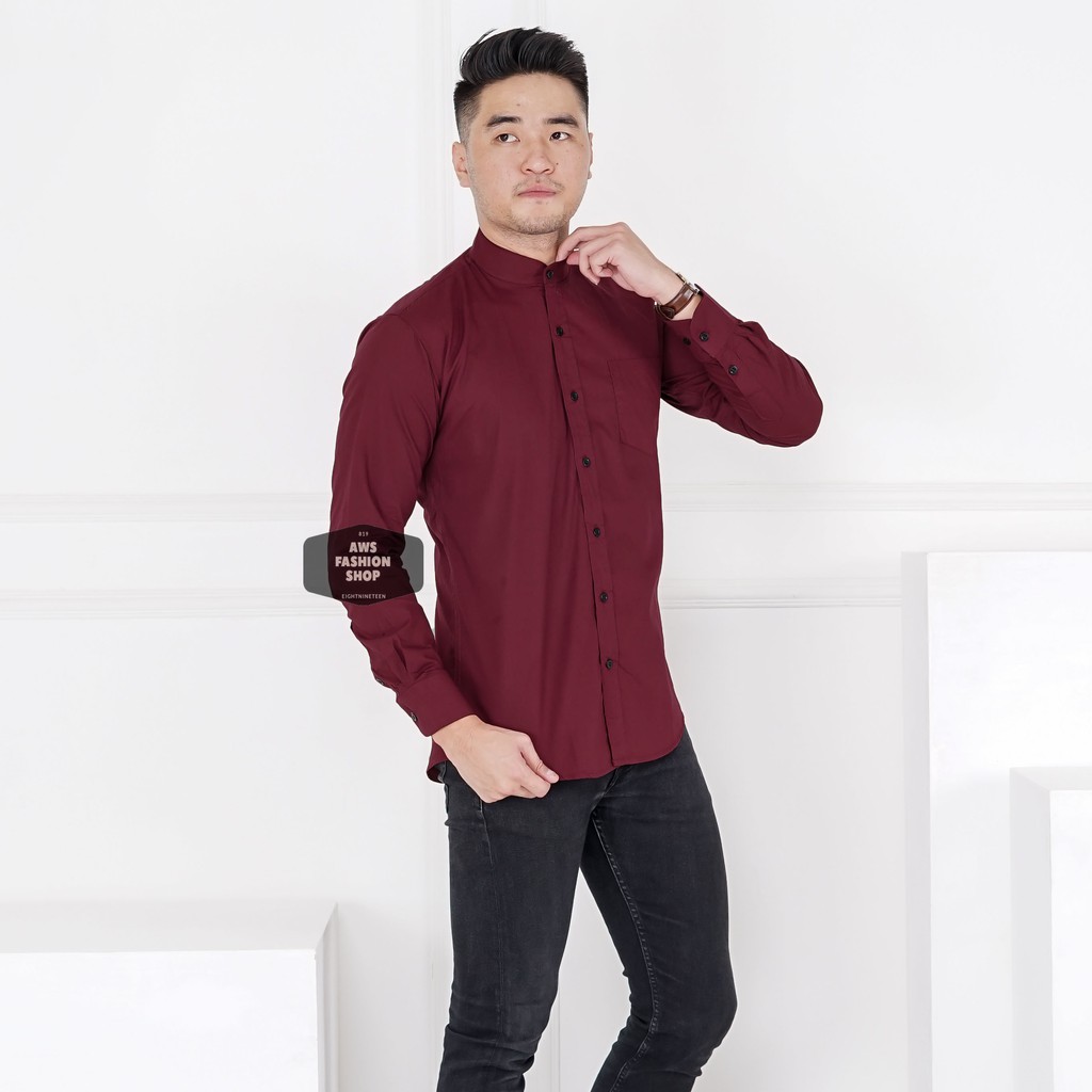 Baju Hem Kemeja Lengan Panjang Pria Merah Maroon Red Kerah Shanghai Polos Slimfit Casual 3305