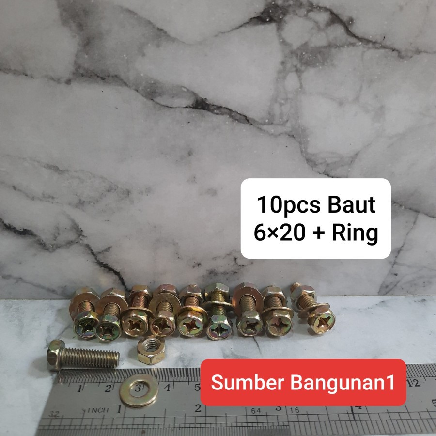 Baut 6 x 20 + Ring 10pcs baut mur kuning 6mm kunci 10 6x20 2cm dwifungsi