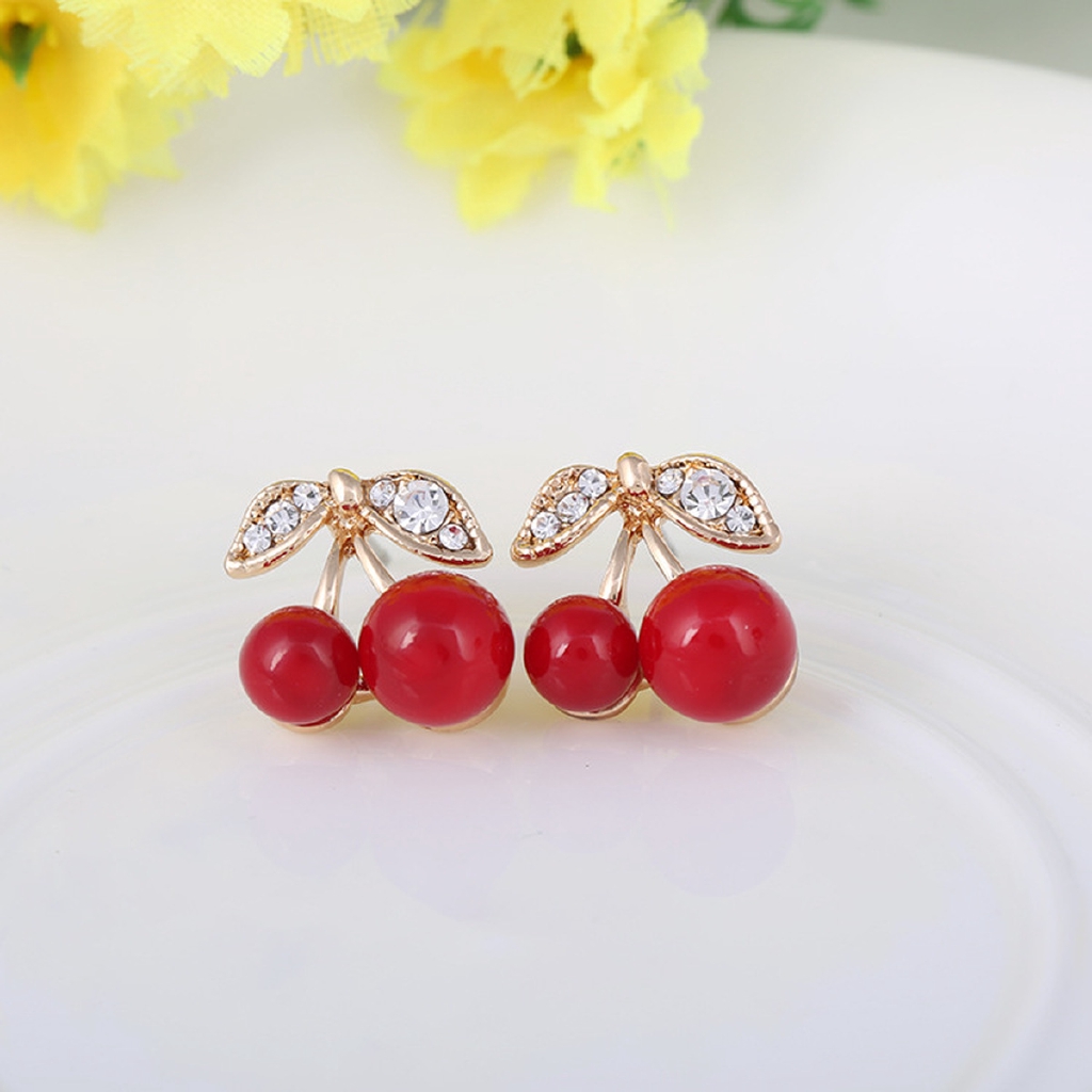 Anting Klip Tanpa Tindik Desain Buah Ceri Merah Untuk Wanita