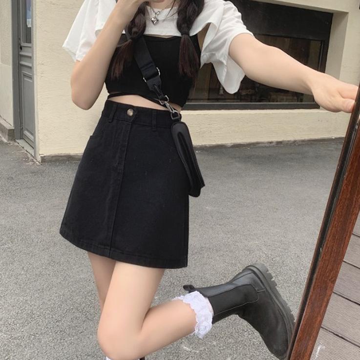 Newlan Dq002 Rok Jeans Pendek A-Line Rok Denim Skirt Pinggang Tinggi Gaya Korea [MGW.15Jl22ᴿ]