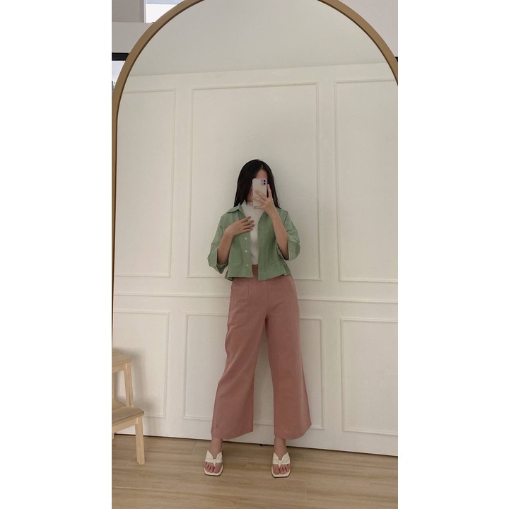 Kimmy Highwaist Cullote Pants  Wide Leg Linen Cullotes  Celana Panjang Linen Kulot Wanita-Dusty Pink