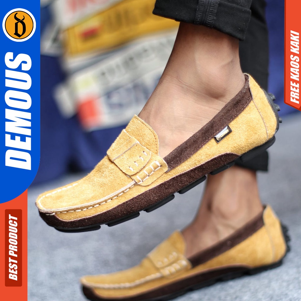 DEMOUS AHARON Sepatu Slip On Casual Slop Kulit Suede Kasual Selop