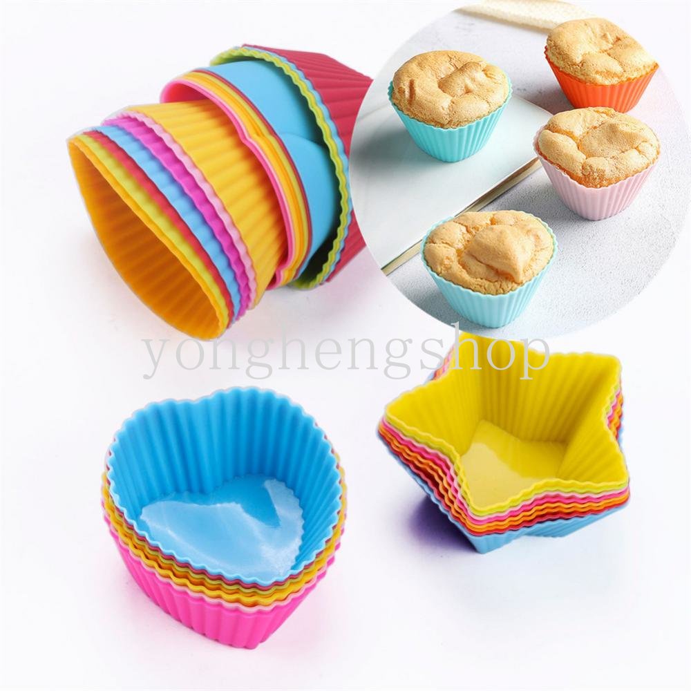 1 Pc Cetakan Cupcake Bentuk Hati Bintang Bunga Bulat Bahan Silikon Anti Lengket Reusable