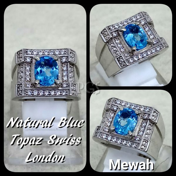 CINCIN BATU AKIK PERMATA NATURAL BLUE TOPAZ LONDON RING ALPAKA SUPER MEWAH GLAMOUR INDAH MEMPESONA