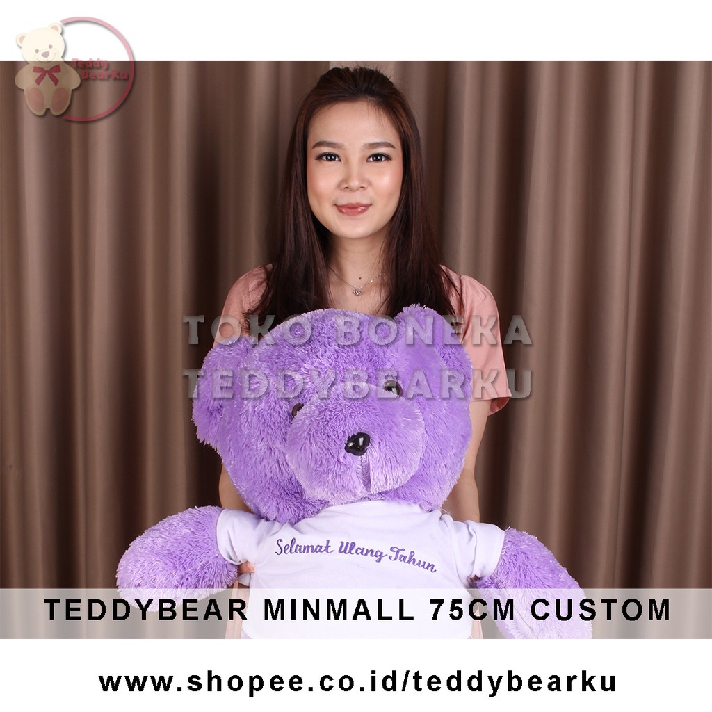 Teddy Bear Ungu Baju Putih + Tulisan Custom Boneka Beruang Mini Mall 75CM XL