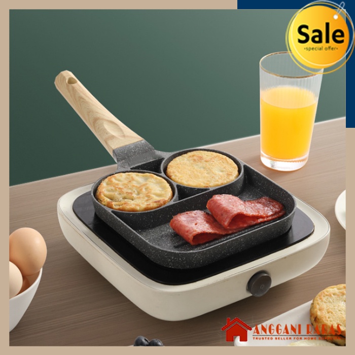 Panci Teflon Gagang Kayu Panci Aluminium Panci Teflon Anti Lengket 3 In 1 Frying Pan Breakfast Pot