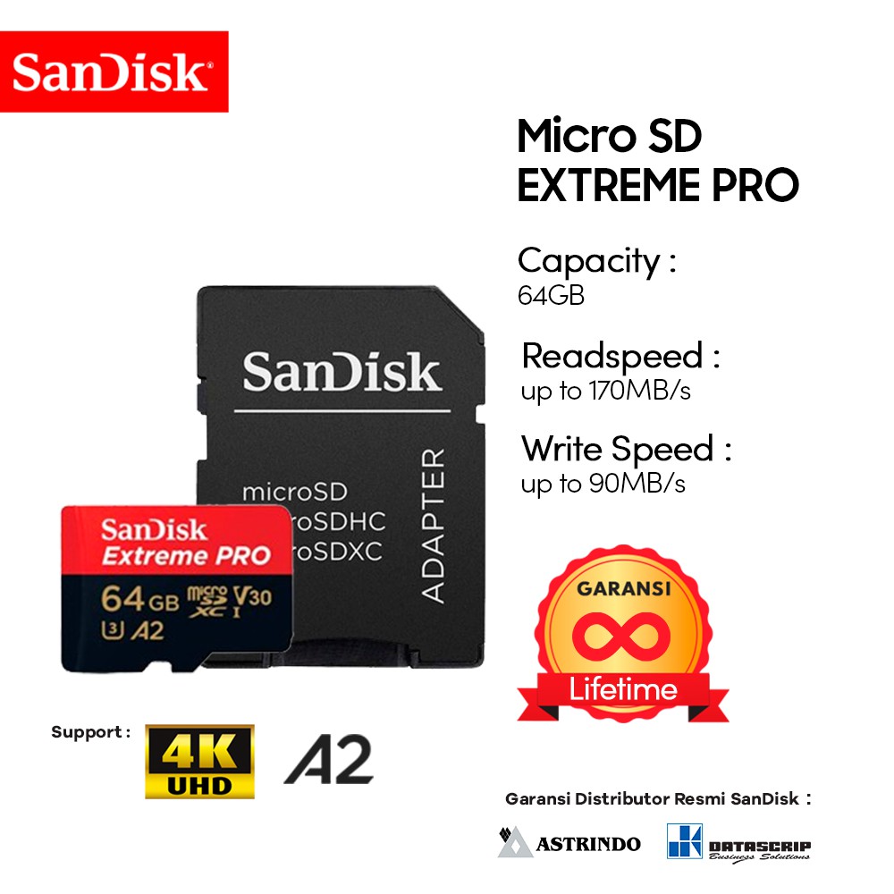 Memory Card | Micro SD 64GB SanDisk Extreme Pro up to 170Mbps U3 A2 V30 - Garansi Resmi Lifetime