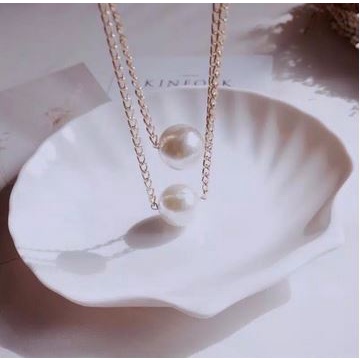 Kalung Korea Panjang Double Layer Mutiara Besar Susun Kalung Hijab Multilayer Pearl Korean Necklace