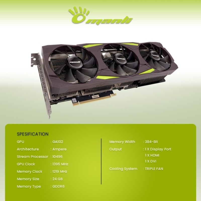 VGA NVIDIA MANLI RTX 3090 24GB DDR6 384 BIT REAL CAPACITY